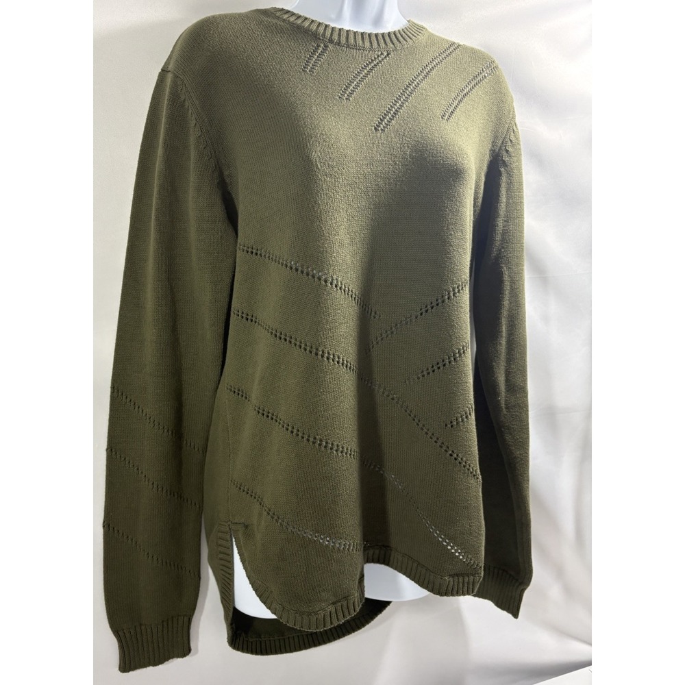 TenTree Organic Cotton Pointelle Knit Openwork Crew Neck Sweater Top Green L